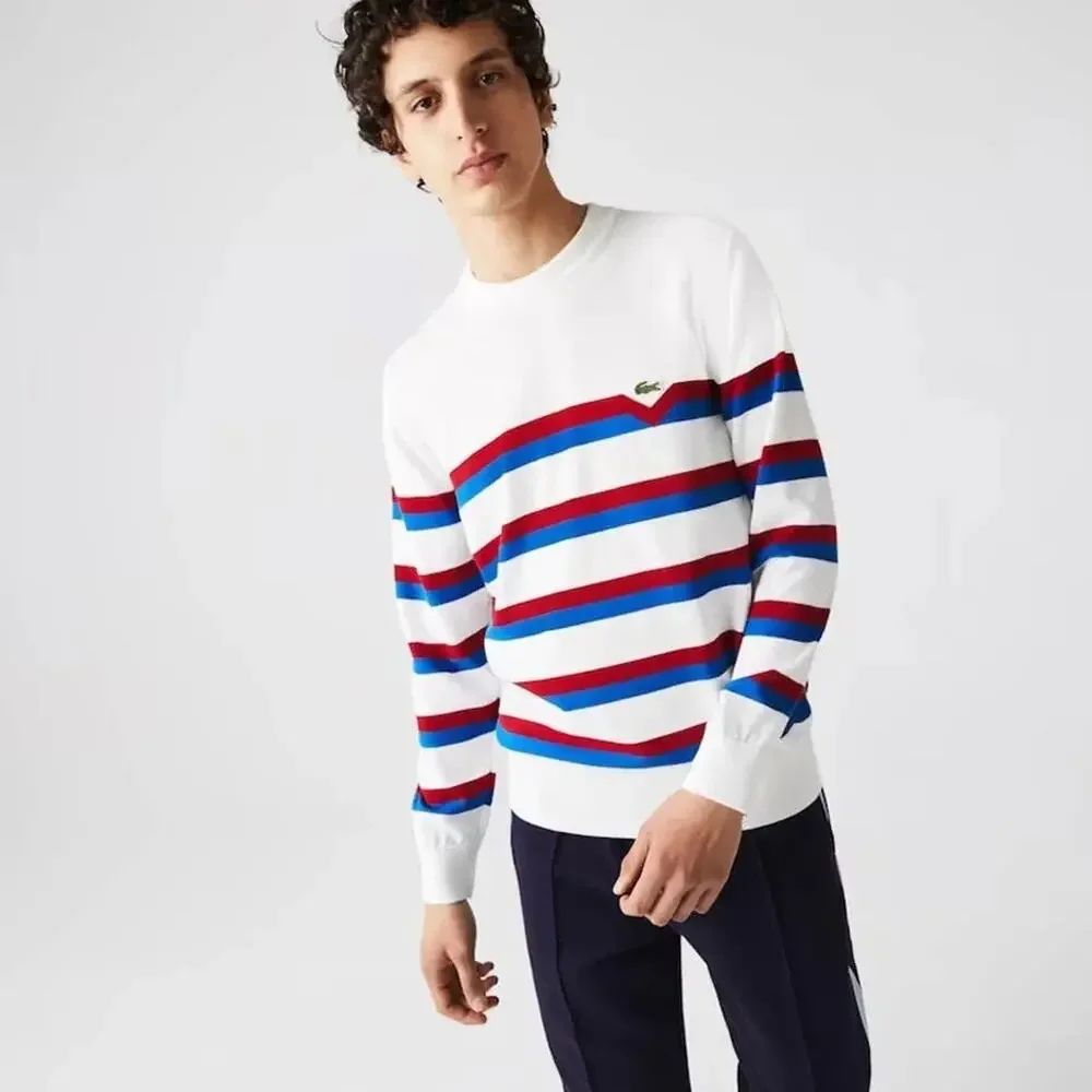 Lacoste AH6788 Made in France Striped Organic Cotton Sweater M White Red Blue